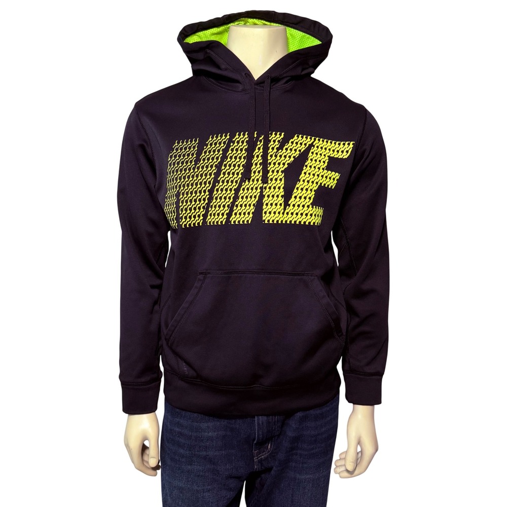 Nike Mens Therma-FIT Hoodie Black Neon Yellow Graphic Logo Sweatshirt 639903-010